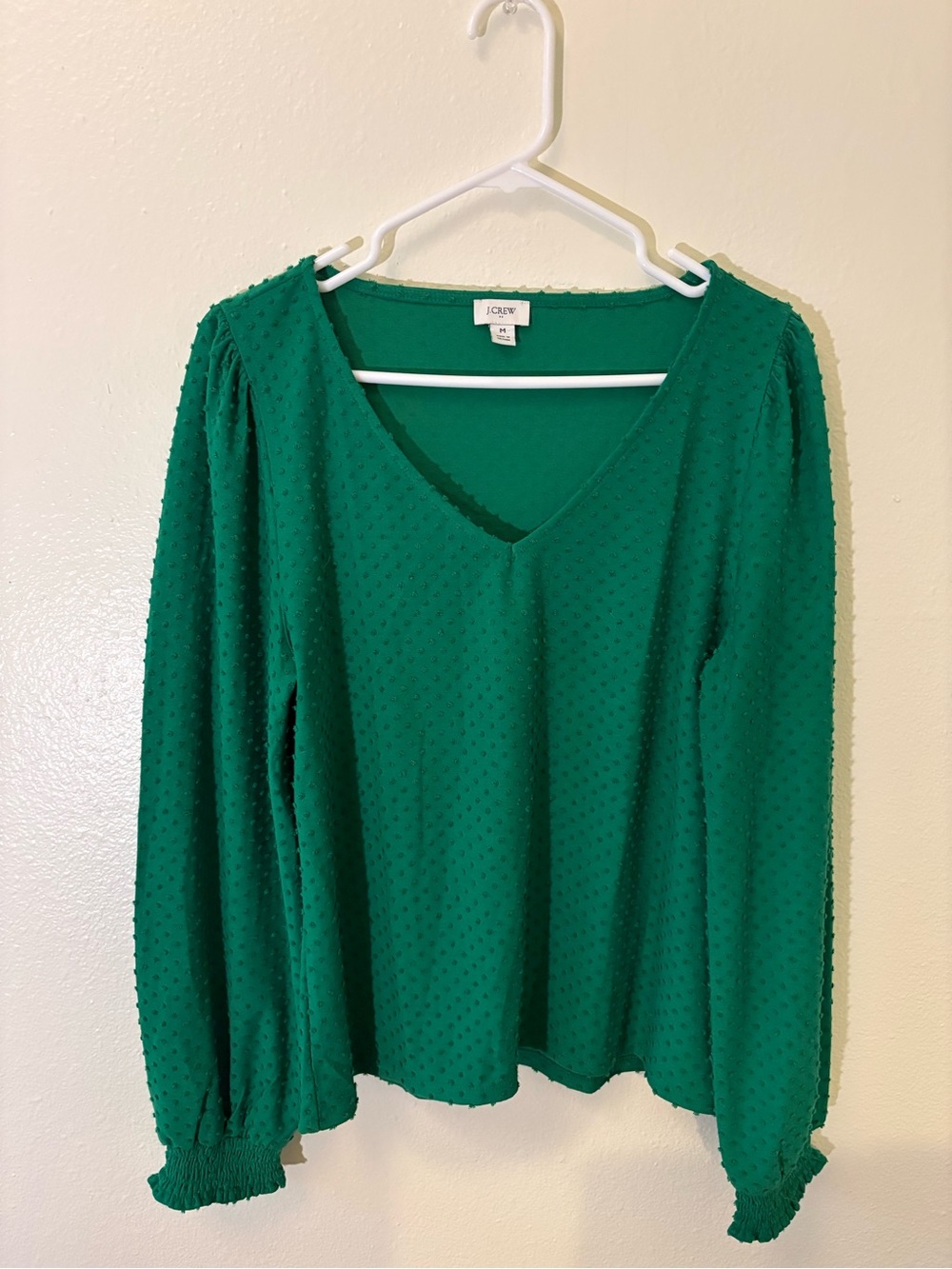 J. Crew Emerald Green Dotted V-Neck Long Sleeve Top
